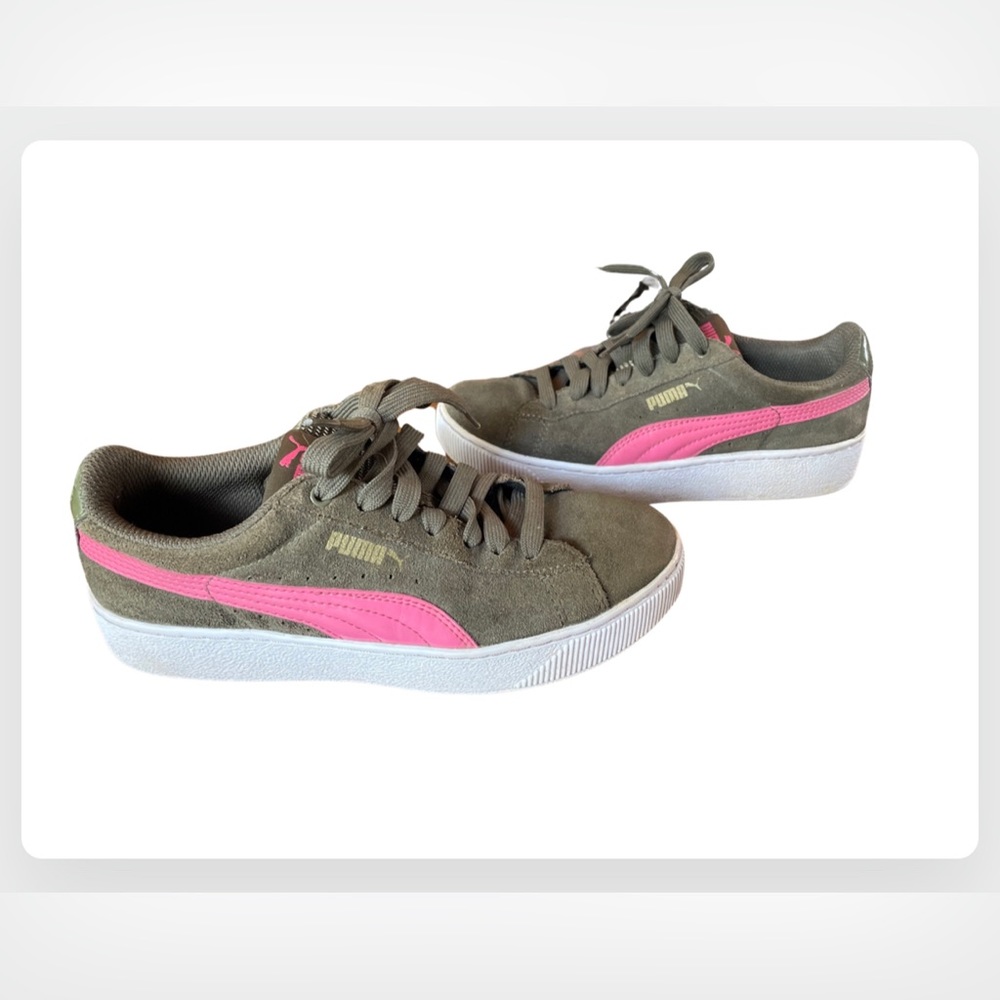green suede with pink puma slight platform sneakers
